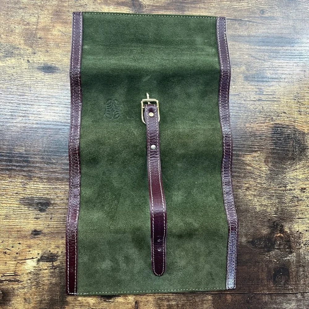 Vintage Green Suede Brown Leather Travel Jewelry Roll Case Old Money Timeless